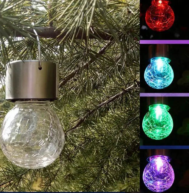 Crackle Glass Pendant Light 4pcs lot outdoor solar hanging led light crackle glass globe pendant rgb lamp color change lantern garden party yard tree decor