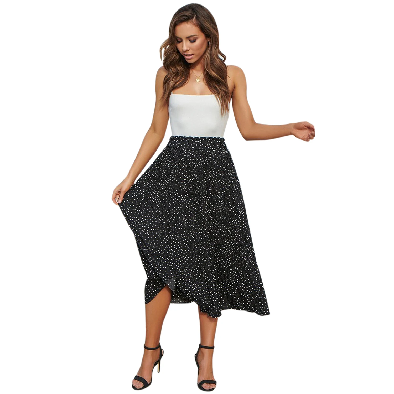 Women High Waist Polka Dot Pleated Midi Skirt Ladies Elastic Waist Print Skirts Beach Boho