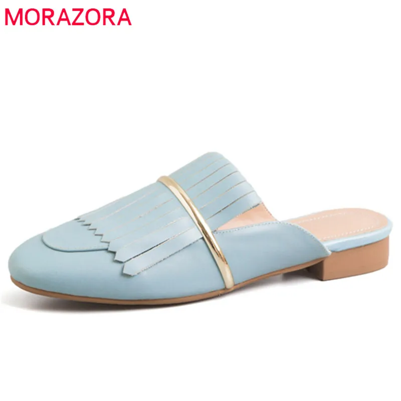 

MORAZORA 2019 high quality cow leather shoes women slipper round toe fringe summer shoes simple fashion casual shoes woman