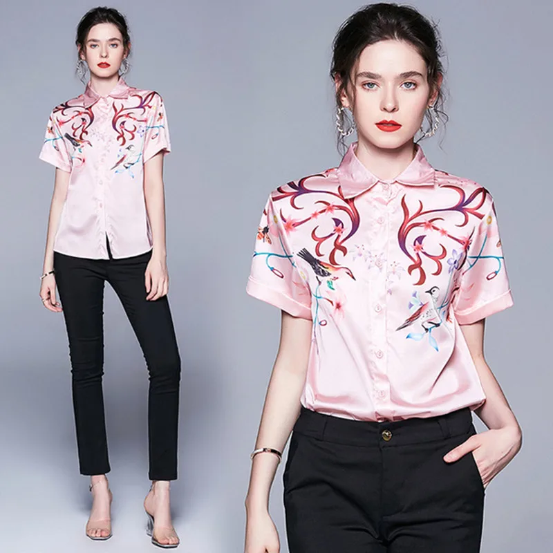 

New Arrival 2019 Summer Women Shirt Turn-down collar Short Sleeve Printting Shirt Vinntage pattern Print Long Shirt Blouse