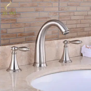 

Newly Brushed Nickel 2 Handle 3 Pcs Waterfall Bathroom Basin Sink Faucet Deck Mounted Bathtub Mixer Tap Faucet H1171