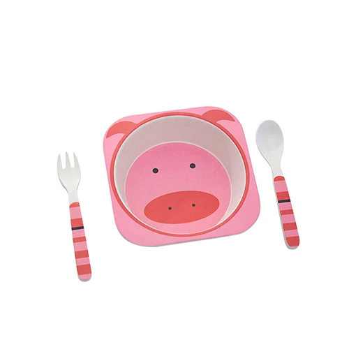 Бамбуковая посуда детская посуда набор 3 шт./компл. чаша ложка Вилка с рисунком мультяшных животных для детей от двух до восьми лет, блюдо Еда контейнер для малышей милые посуда - Цвет: pig