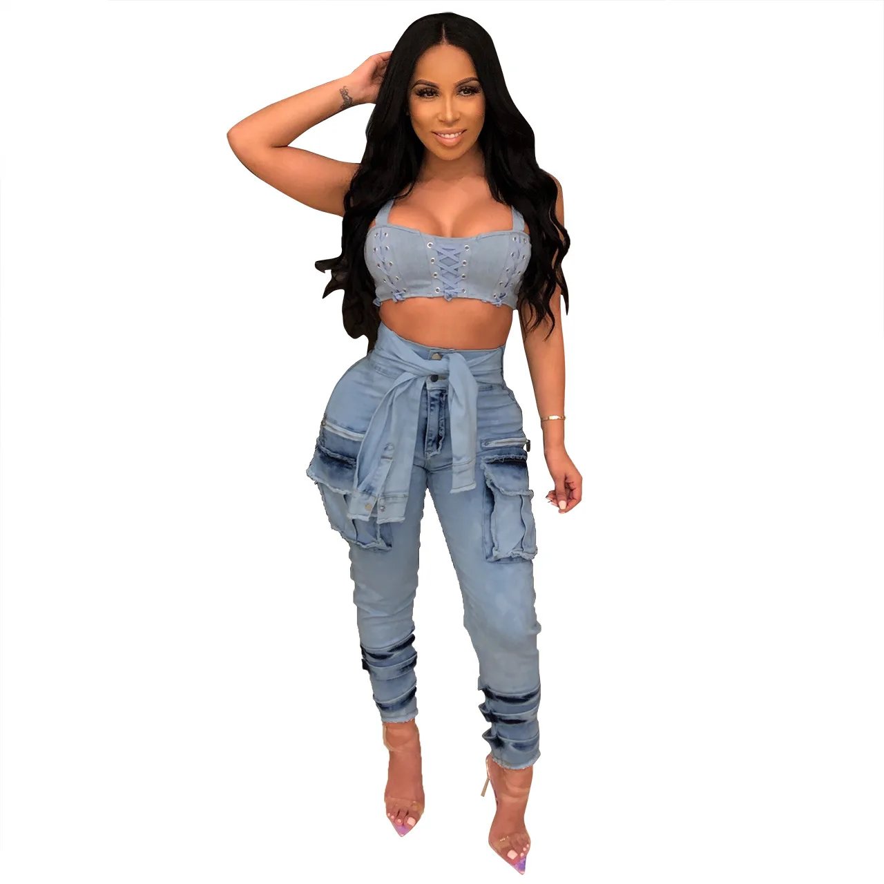 

2019 new summer women tie high waist with pocket pencil long jeans vintage fashion denim pants classic regular pants Q255