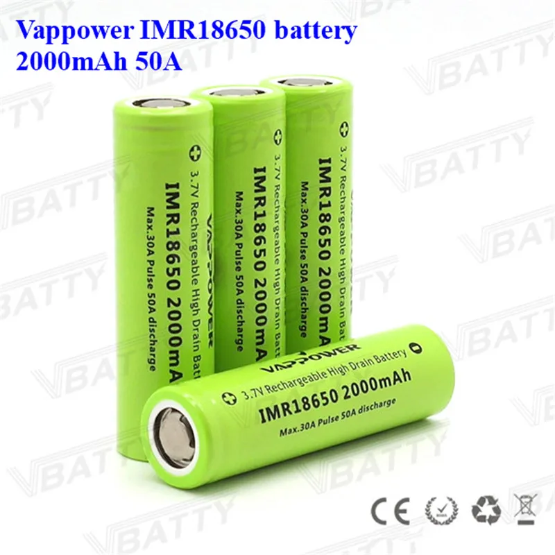 2000mAh 3,7 V Li-Ion Vappower IMR18650 Перезаряжаемый 18650 2000mAh 50A мощный аккумулятор для фонарика камеры