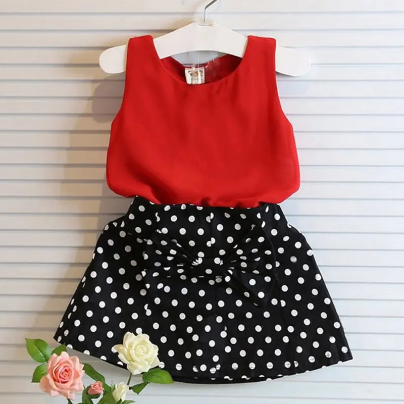 

New 2pcs Baby Girl Clothes Set Sleeveless T-shirt+ Polka Dot Skirt Outfits Children Clothing