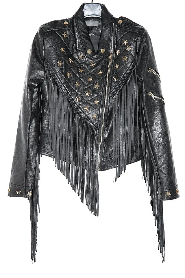 2017 Women PU Faux Leather Jacket Tassel Rivet Punk