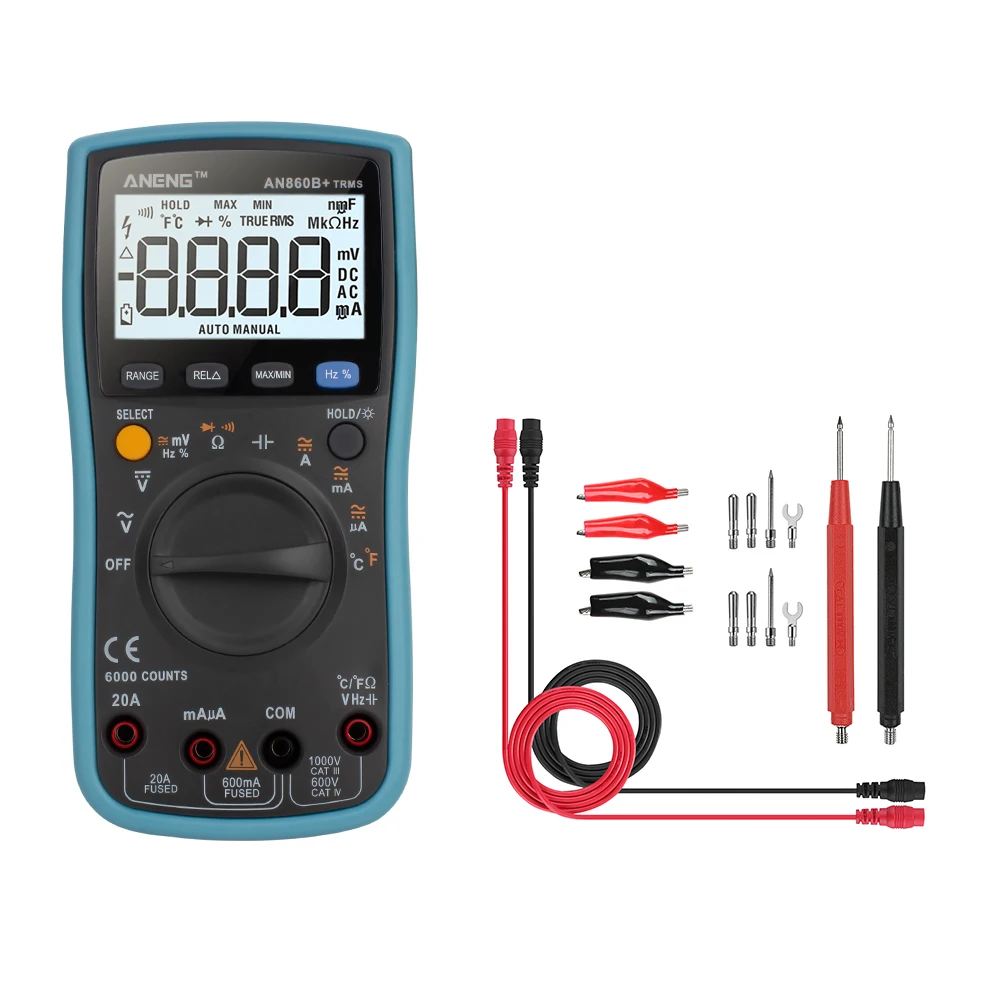 

AN860B+ TRMS Digital LCD Multimeter Current with Multi-function Test Leads Cable