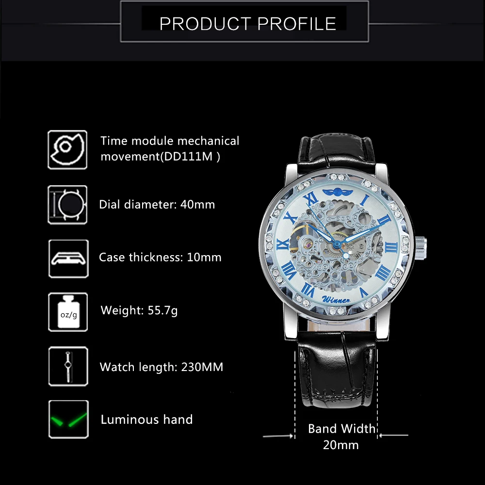 WINNER Fashion Mechanical Watch for Women Top Brand Luxury Watches Diamond Skeleton Dial Leather Strap Unisex Size Wristwatches