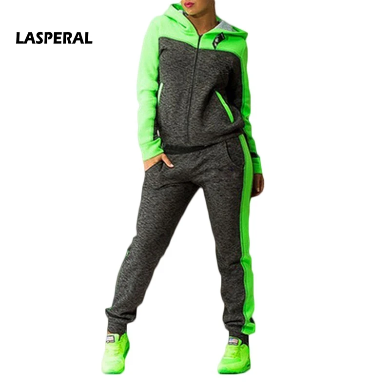 

LASPERAL Fitness Women Running Set Autumn Color Patchwork Hooded Sweater+Pant Sports Women Suit Athleisure Set 2 Piece Tractsuit