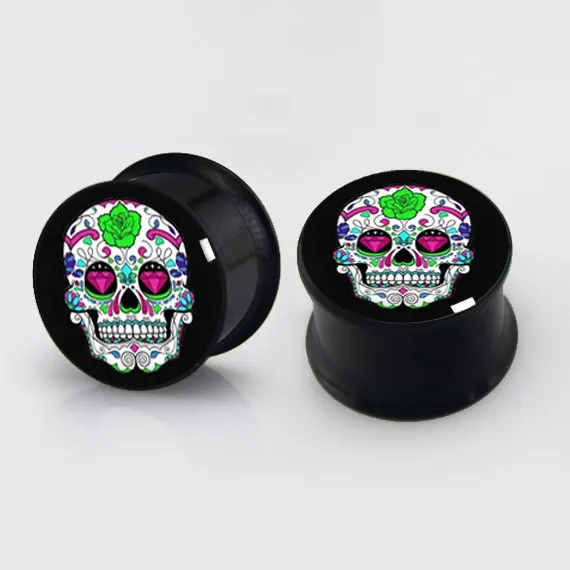 2 pieces sugar skull plugs anodized black ear plug gauges steel flesh