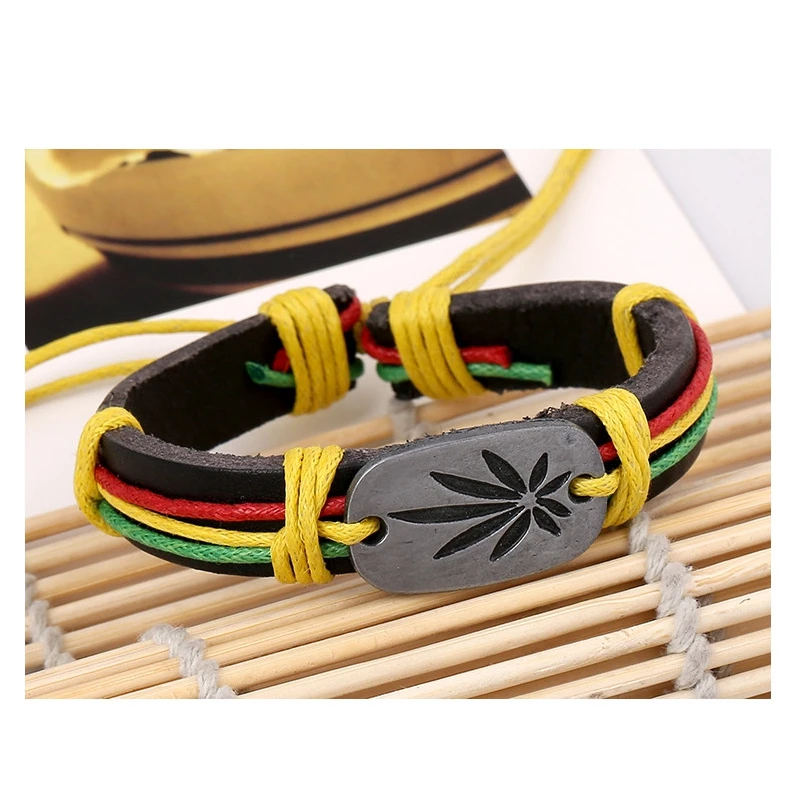 Hot Jamaica Style Colorful Fashionable Bracelet Leather Charm Bracelet Carved Weed Herb Leaf Reggae Jewelry Cheap Gift, TCN280