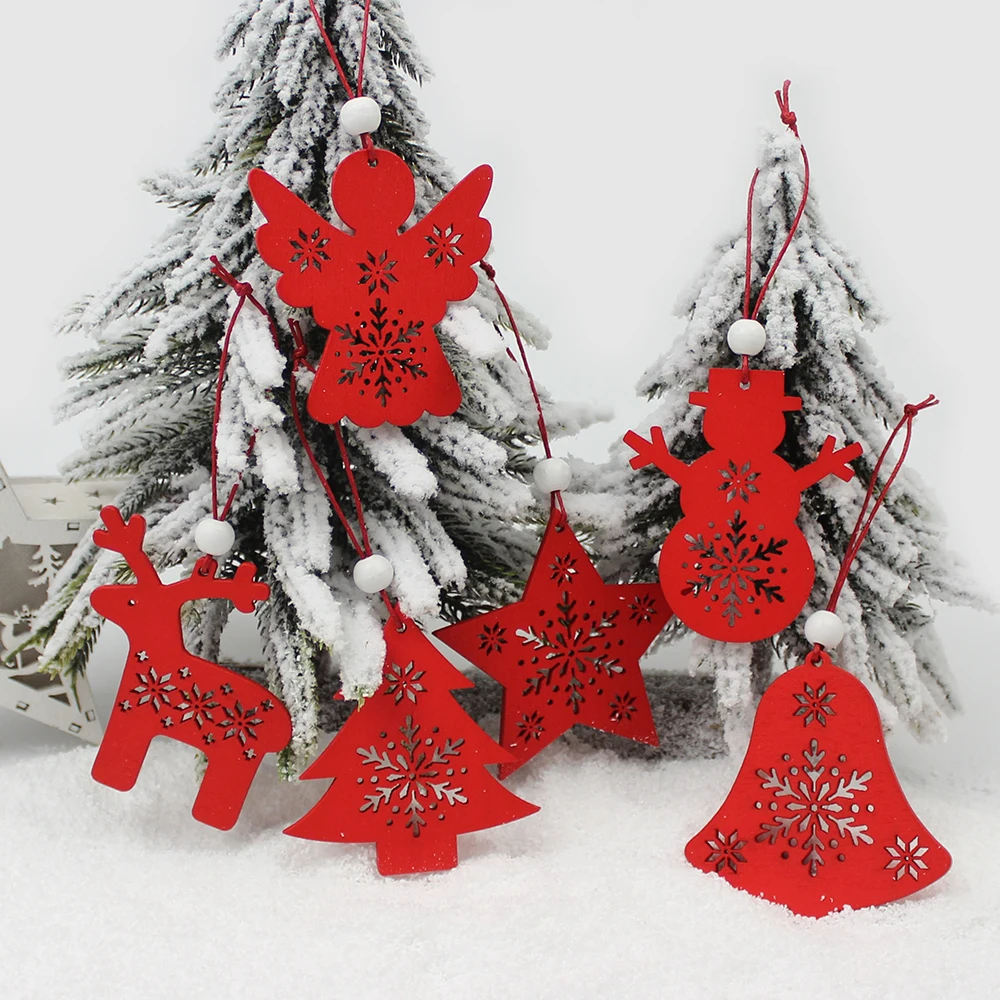 HUADODO Set of 6 Red and White Wooden Tree Deer Snowman Christmas Decorations Pendants Ornaments for Xmas Tree, Home Party, and Kids Gift image 2