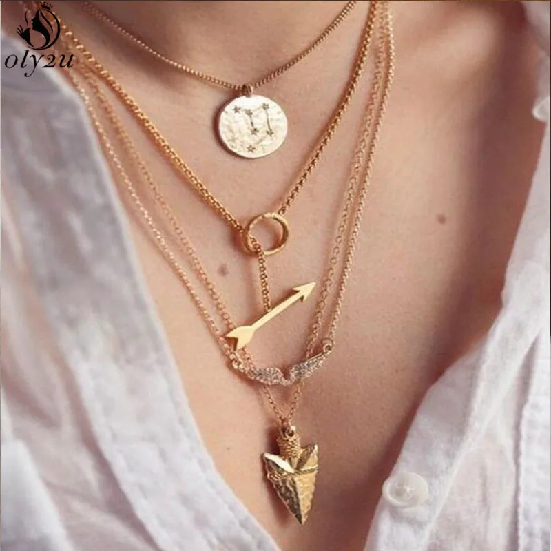 

Oly2u Gold Multilayer Arrow Sweater Chain Long Pendants Necklaces Bohemian Sea Shell Chokers Necklace Women Collier Femme