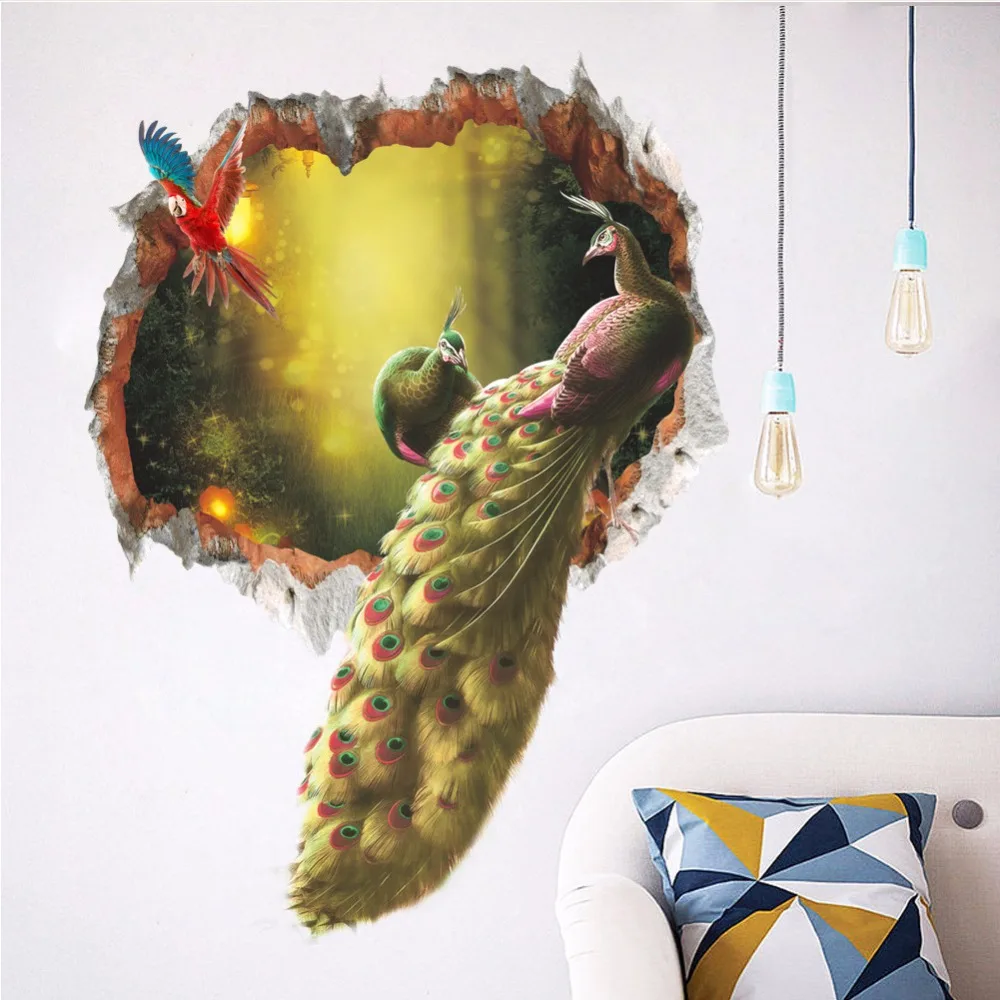 Colourful Peacock Birds Feathers Wall Stickers 3d Vivid Wall Decals