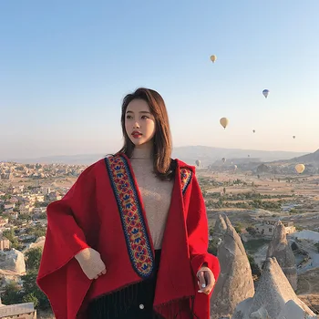 

Women Autumn Winter Travel Poncho Cloak Thickened National Style Scarf Red Hooded Pashmina Air Conditioning Shawl Female