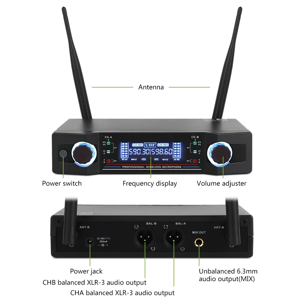 UW-100 UHF ميكروفون لاسلكي مهني نظام 2 قناة يده ميكروفون تستخدم في Karaok الكنيسة حزب مؤتمر المرحلة