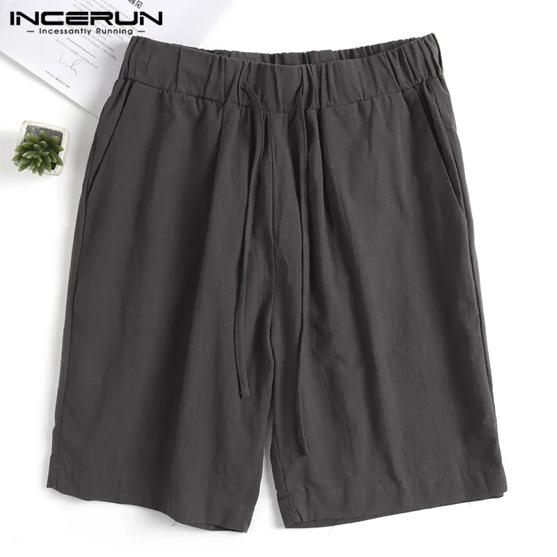 INCERUN 2019 Винтаж Для мужчин шорты хлопок Drawstring Однотонная повседневная обувь шорты длиной до колена Для мужчин для отдыха Летние свободные