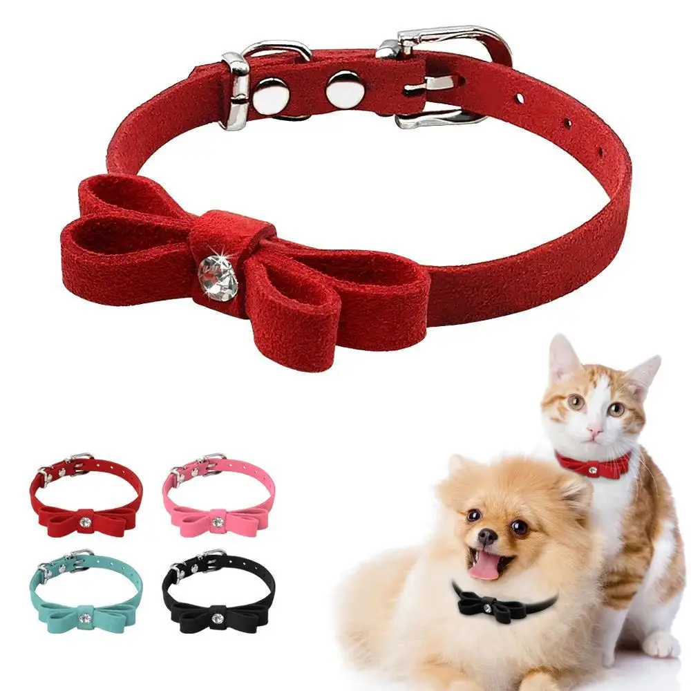 Didog Soft Suede Leather Kitten Puppy Dog Collar Adjustable Bowknot