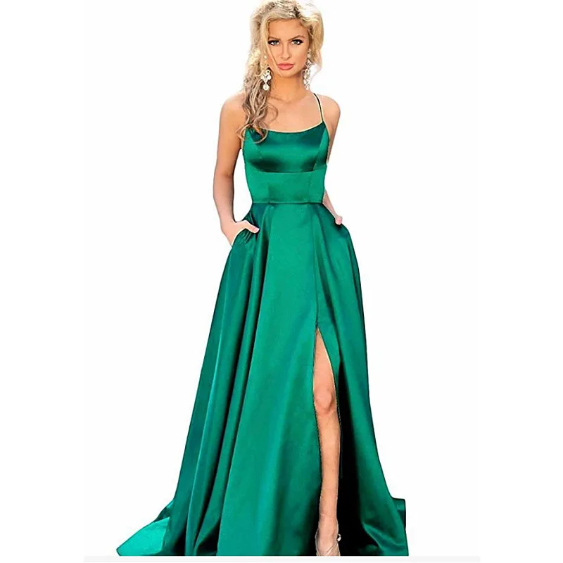 

Scoop Neck Simple Long Prom Dresses with Tie Back