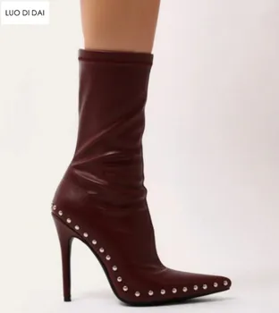 

2019 spring women ankle boots zip on spike stud boots women high heel booties thin heel beading stud boots lady shoes point toe