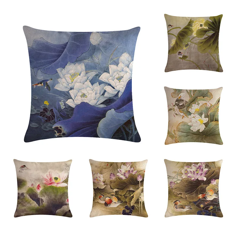 

Chinese Retro Lotus Pillowcase Leaf Lotus Linen Summer Cool Green Cushion Cover Decoration Accessories throw pillow covers
