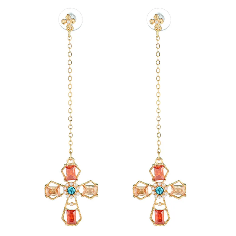 

Fashion Long Red Cross Earrings for Women Rhinestone Dangle Earrings Pearl Jewelry Gold Long Earrings Fashion Jewelry 2019