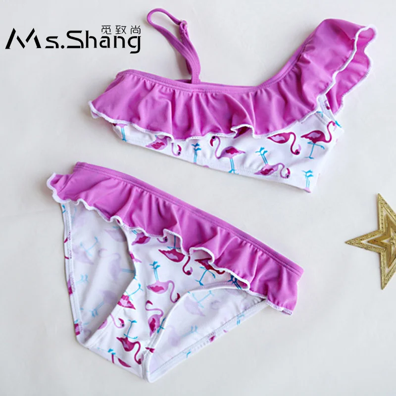 

2-14 Years Baby Girl Swimsuit Kids Flamingo Cartoon Teenager Girl Bikinis One Shoulder Toddler Infant Girl Bathing Suit Ruffle