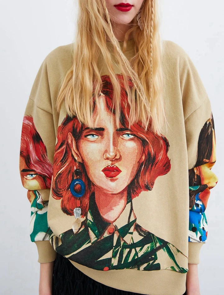 

Obrix New Style Female Face Print Hoodie Spring 2019 Street Style Long Sleeve Sweatshirt For Women Cartoon Character Pullover