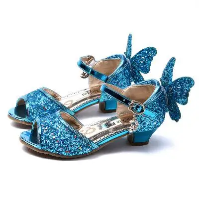 Летние детские сандалии для девочки босоножки на высоком каблуке вечерние свадьбы для девочек туфли принцессы Детские блестящие кожаные туфли студент танец - Цвет: Blue