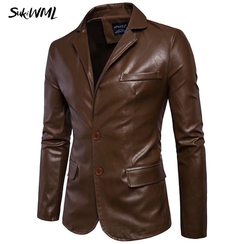 SUKIWML 2017 New Brand Mens Fashion Leather Blazers Men Slim Fit Solid Color Men Blazer Jacket Terno Masculino Plus Size M-5XL 