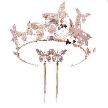 

Vintage Gold Butterfly Tiaras And Crown Crystal Tassel Diadem Earrings Sets Handmade Women Hair Jewelry Wedding Accessories Gift