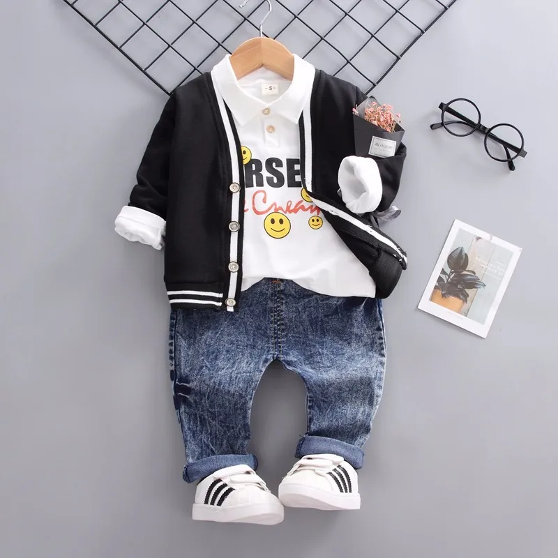 

Baby Boys Girls Spring Autumn Clothing Sets Infant Clothes Suits Smiley Face Lapel T Shirt Coats Pants 3pcs Kid Children Costume
