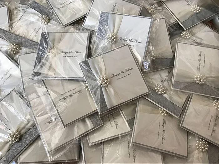  Luxury Silver Wedding Invitations with Antique White Ribbon and Crystal Embellishment - 32779040632