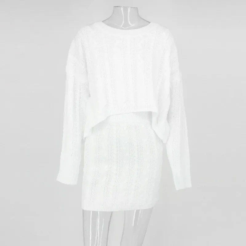 Ohvera зимний теплый свитер женский комплект 2 шт. укороченный топ футболка с длинным рукавом и облегающая мини-юбка сексуальный комплект из двух предметов - Цвет: White