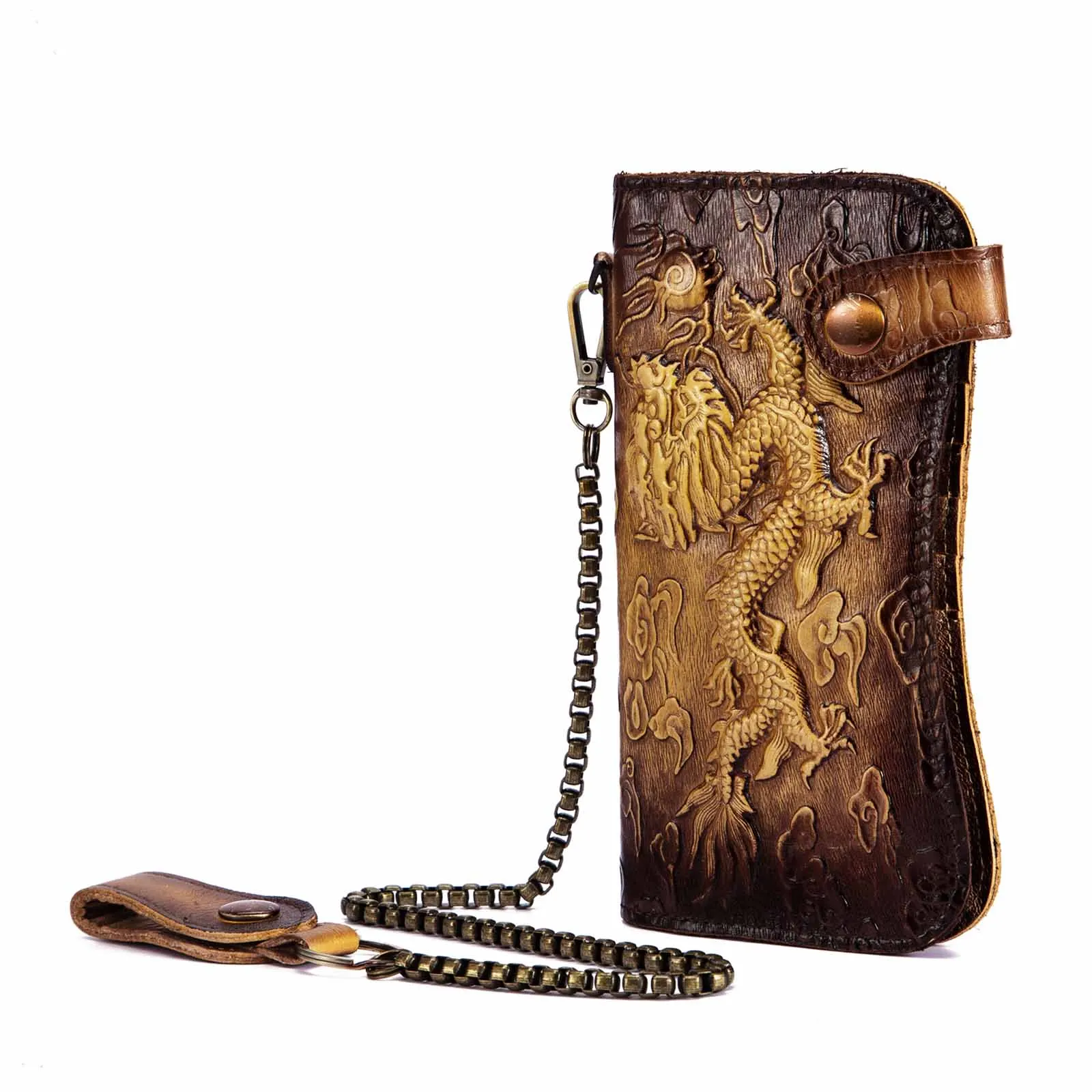 Качественный мужской кошелек из натуральной кожи, модная Чековая книжка, органайзер на железной цепочке, кошелек, сумочка-клатч 1088-GT - Цвет: gold dragon