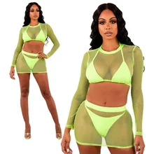 Осенняя Новинка, Женская Сексуальная футболка с длинными рукавами и круглым вырезом, сетчатая юбка, ультра короткая женская мини-юбка S1734476