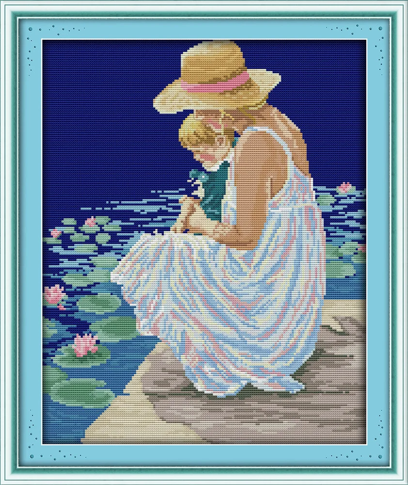 

Mother and son watching fish Printed Canvas DMC Counted Cross Stitch Kits printed Cross-stitch set Embroidery Needlework