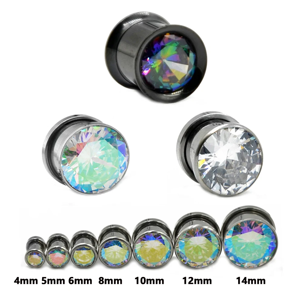 

Showlove-2PC Colorful Aurora Zircon Clear Gem Threaded Double Flared Ear Gauges Ear Tunnel Ear Expander Body Piercing Jewelry