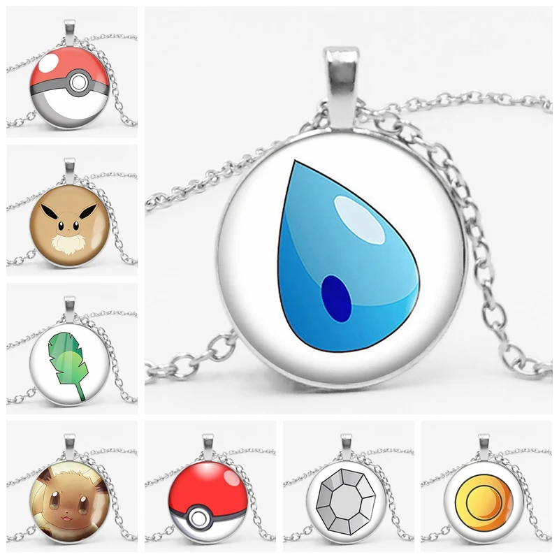 

New Cartoon Anime Game Pikachu Pokemon Water Drop Shield Glass Convex Round Pendant Necklace Children Birthday Gift