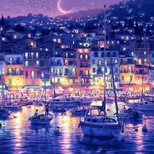 На заказ Алмазная картина Полная площадь/Круглый Мультфильм Синий вид ночного города eigen foto Алмазная вышивка аксессуары eid box