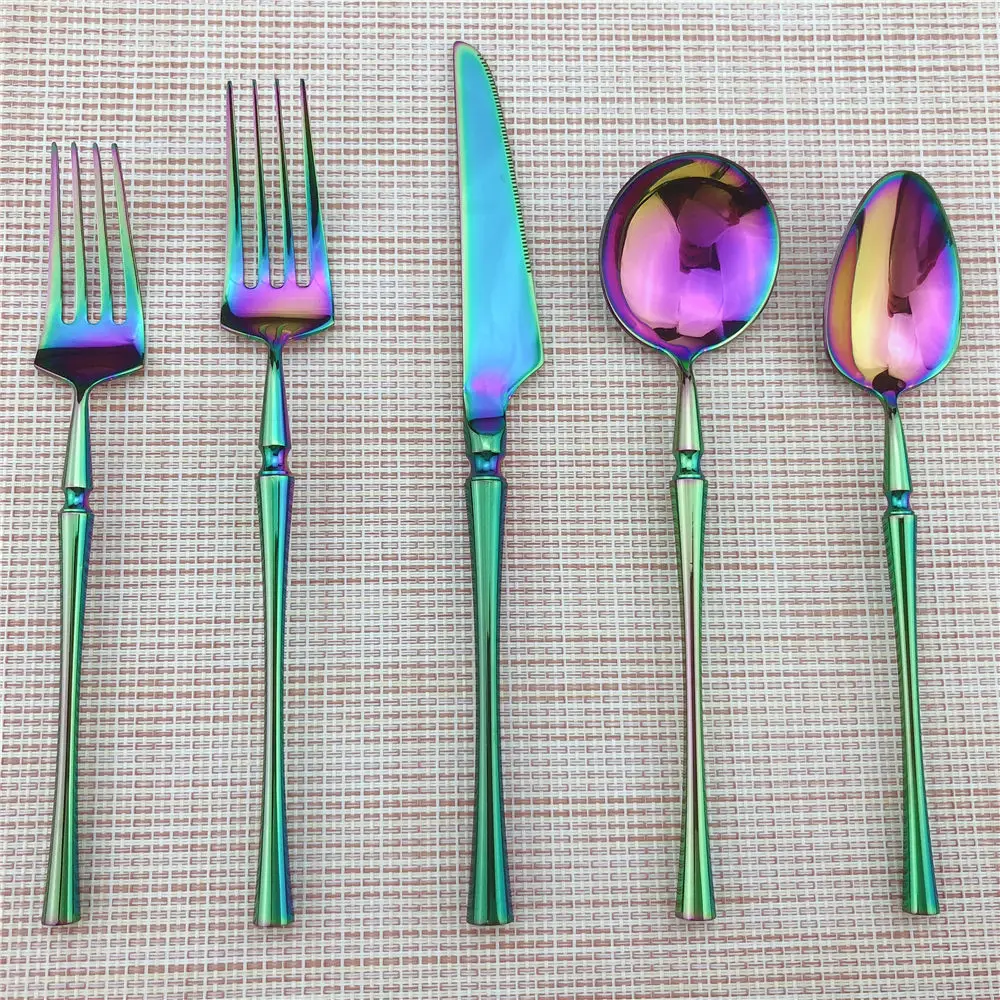 

6/5/4Pcs Chic Romantic Rainbow Dinnerware Set Stainless Steel Cutlery Sets Plating Dinner Knife Fork Round Scoops Tableware Set