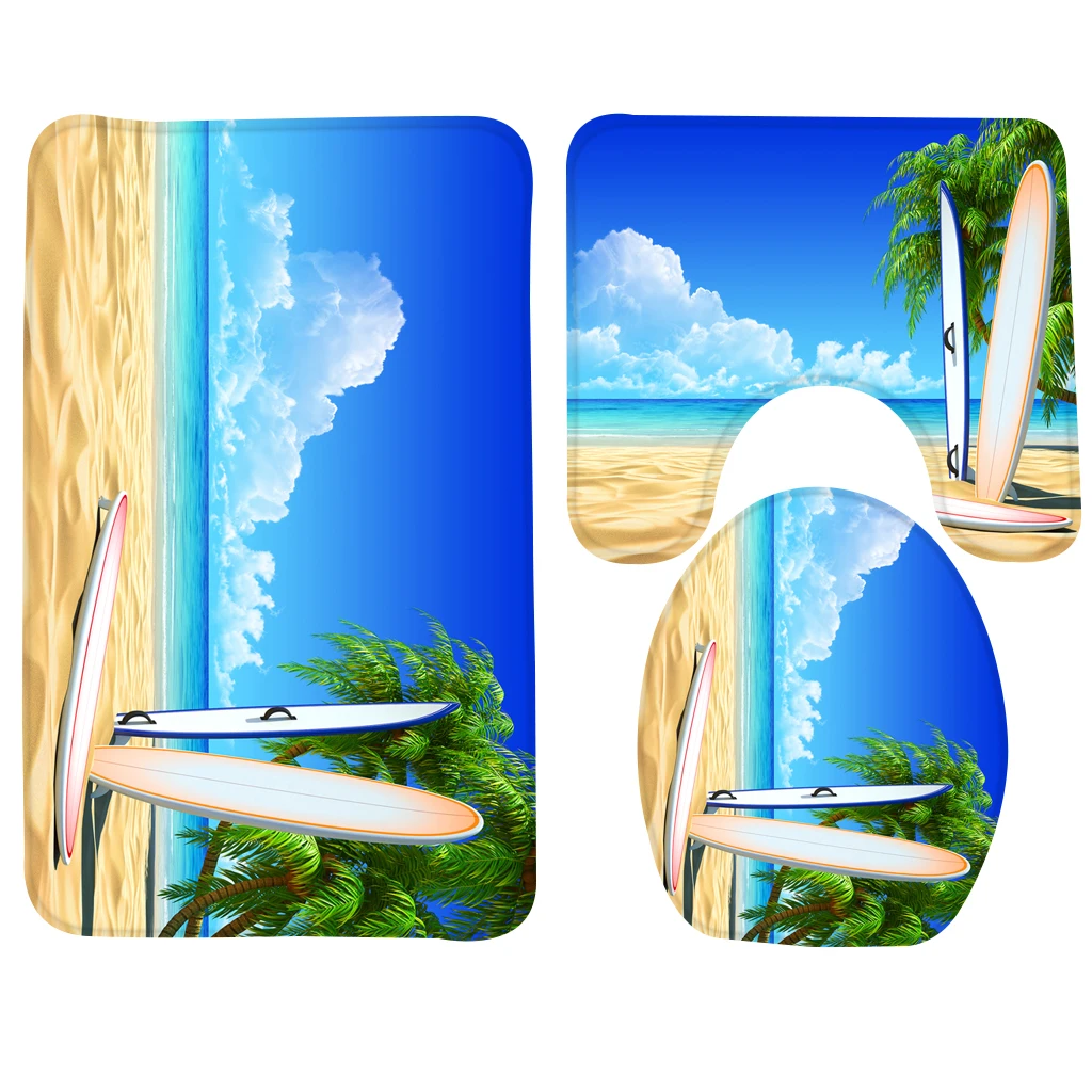 Bathroom Mat Set 3pcs Beach Surfboards Palm Tree Pattern Bath Rug