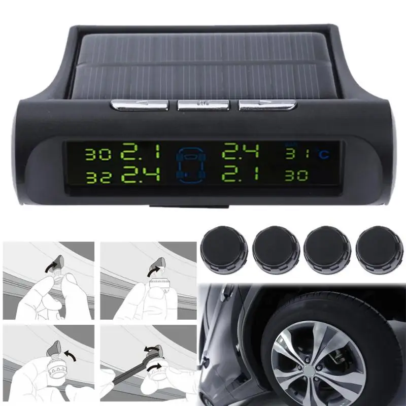 

4 Sensor LCD Solar Power Car Tire Pressure Monitor System Wireless TPMS Auto External Smart Wheel Tyre Air Pressure Monitor with