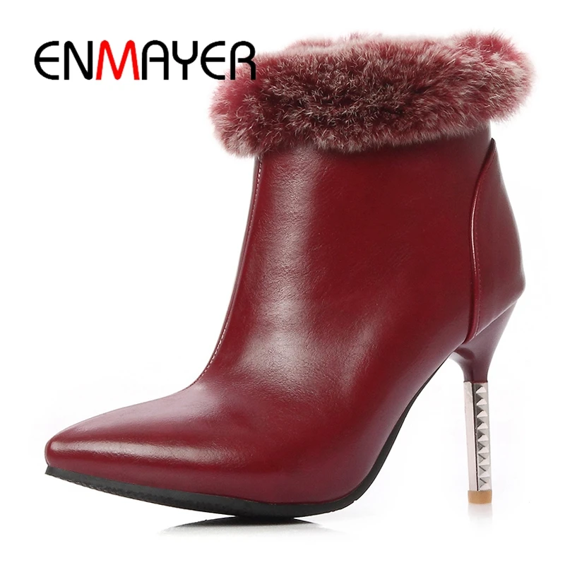 

ENMAYER New 2018 Women ankle boots high heels Shoes bright PU leather Fashion boots Ladies shoes Pointed toe Thin heels ZYL154