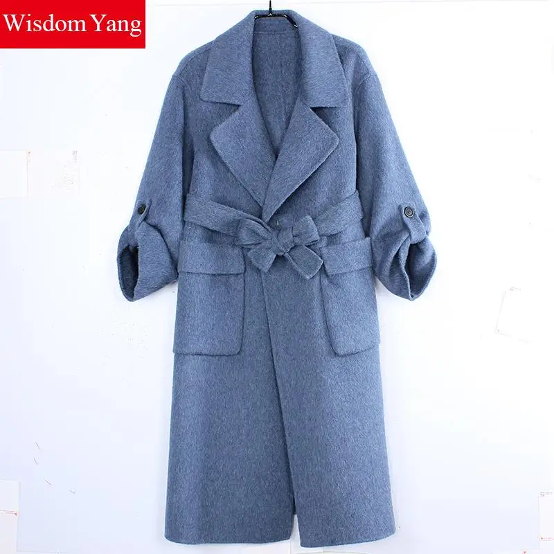 

Winter Coat Blue Long Sleeve Womens 90% Sheep Wool 10% Alpaca Cashmere Coats Turndown Office Lady Elegant Trench Woolen Overcoat