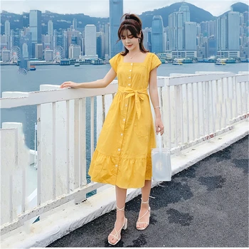 

Summer yellow sexy dress 2019 new retro solid color high waist slim S-XL purple exquisite fashion dress vestidos feminina JD174