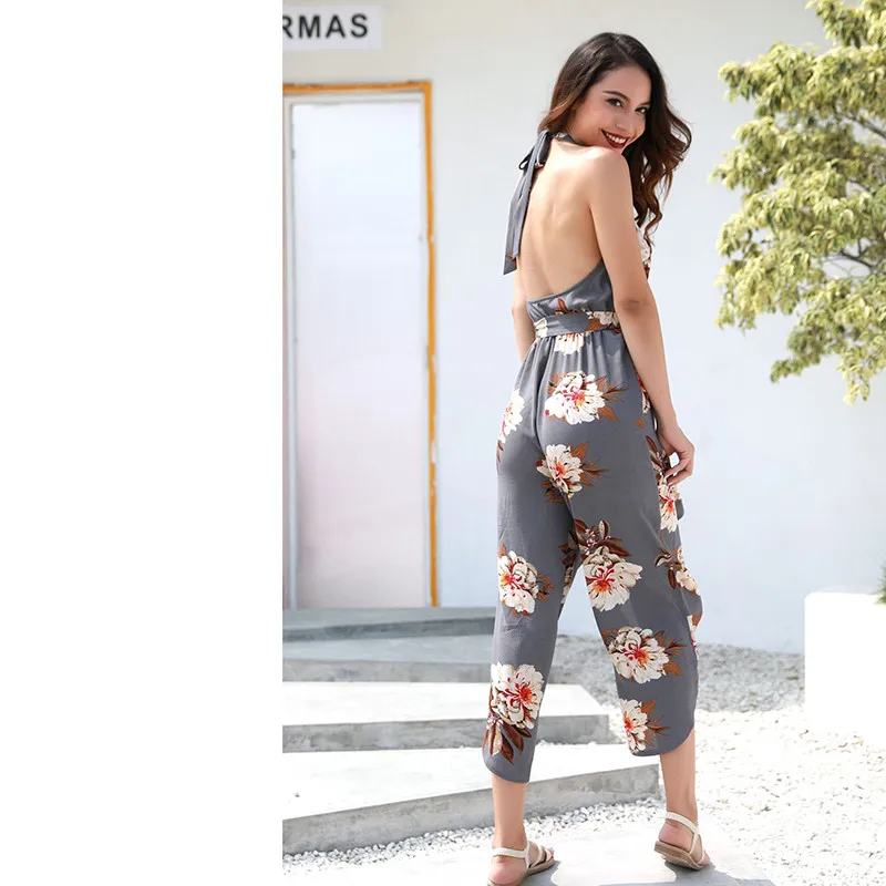 Women jumpsuit High Split Lace Up Halter Backless Summer Jumpsuit Beach Wear Bow Tied Sash Bohemian Elegant Clothes