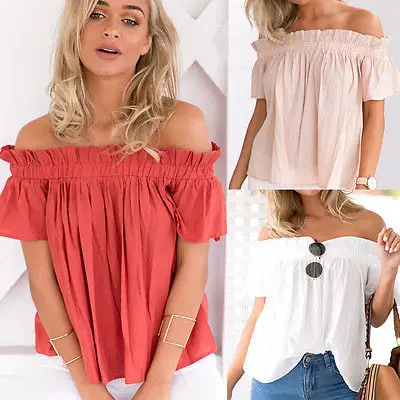 

New Women Off Shoulder Short Sleeve Shirt Casual Loose Top Blouse Red S