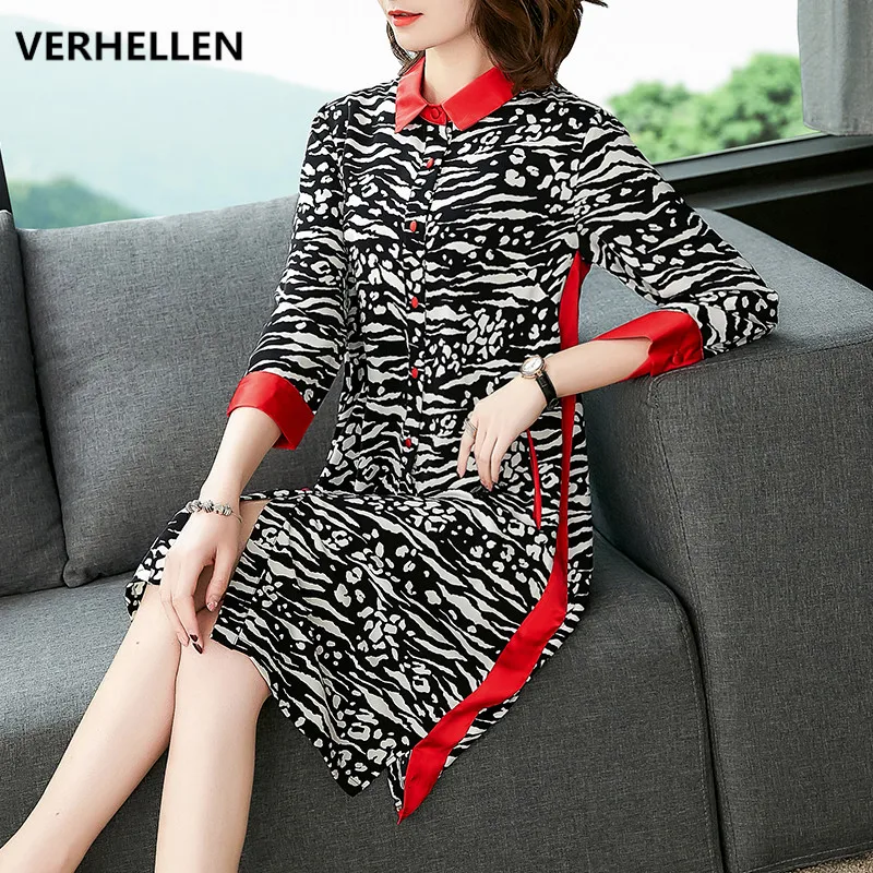 

VERHELLEN 2019 Spring Women's 3/4 Sleeve Turn-down Collar Vintage Printing A-line Plus Size Loose Casual Dresses M-XXL