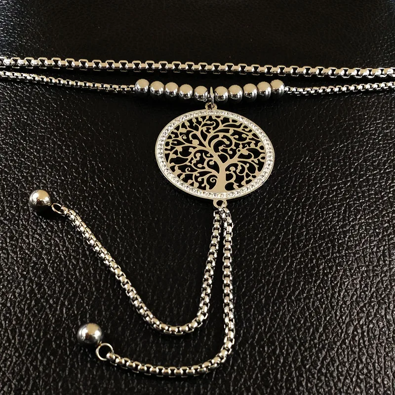 Древо жизни, Очаровательное ожерелье из нержавеющей стали, женское серебряное Двухслойное ожерелье с кисточками, ювелирные изделия с кристаллами N18027